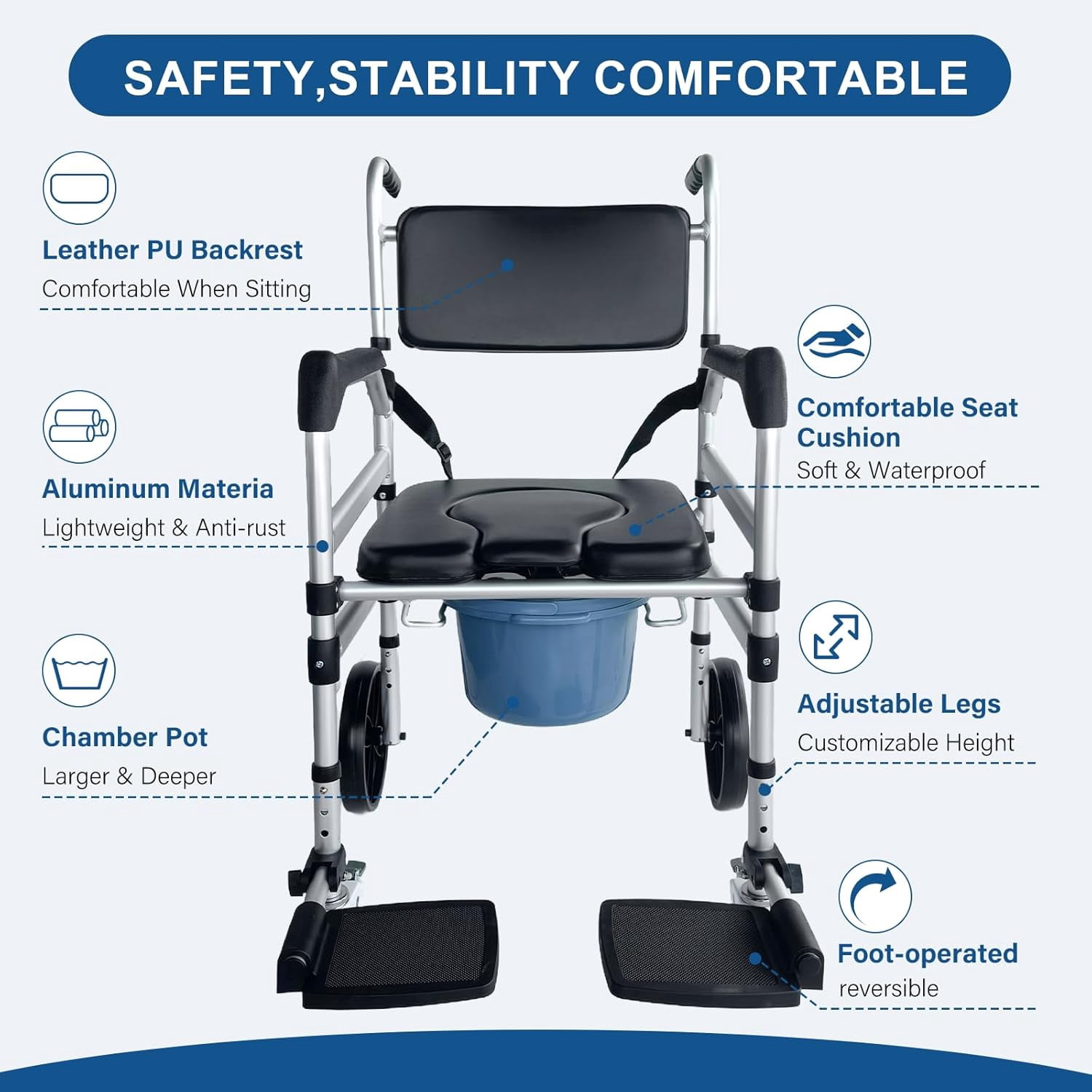 Eosprim Rolling Shower Chair with Handles Arms, Bedside Commode Chair with Wheel, Wheelchair for Elderly Disable,Heavy Duty Raised Toilet Seat Riser for Adults