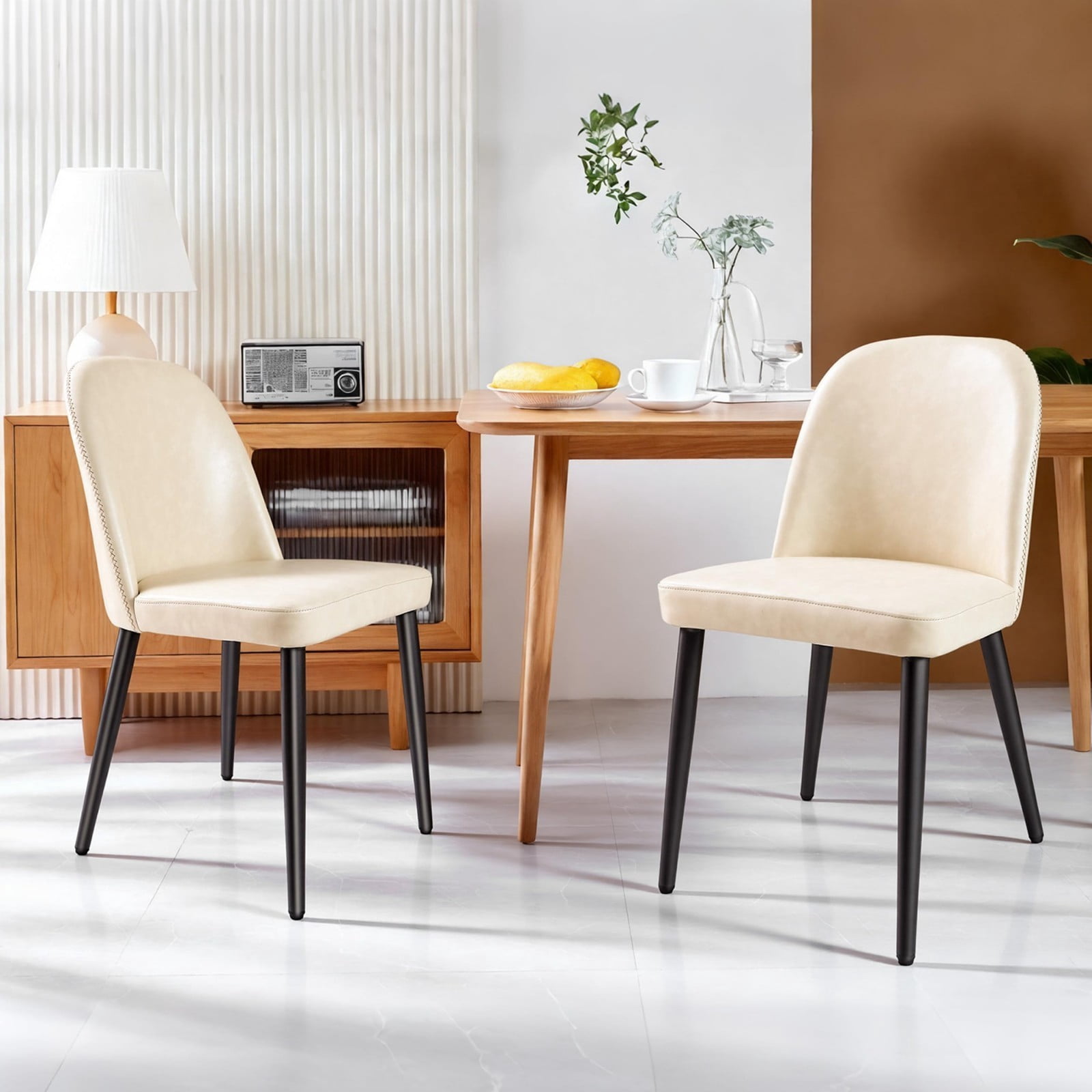 Beige Leather Dining Chairs Set of 2, Modern Upholstered Armless Kitchen Chairs with Metal Legs, Ergonomic Side Chairs for Dining Room, Restaurant, Living Room & Meeting Room
