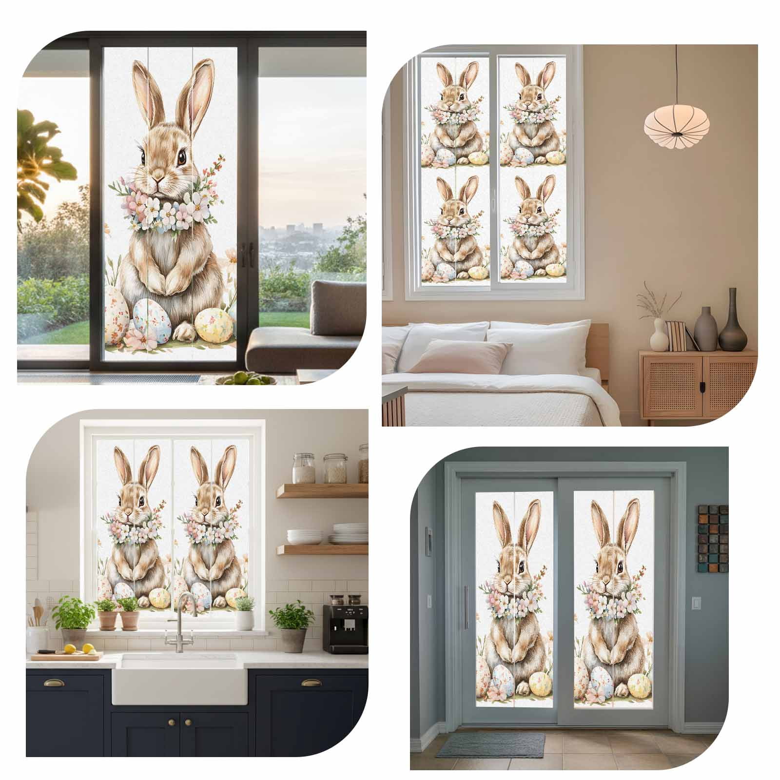 Easter Bunny Window Privacy Film, Eggs Wreath Frosted Glass Window Clings Static Cling UV Heat Blocking Reusable Door Sticker for Bathroom 23.6 x 59 Inch