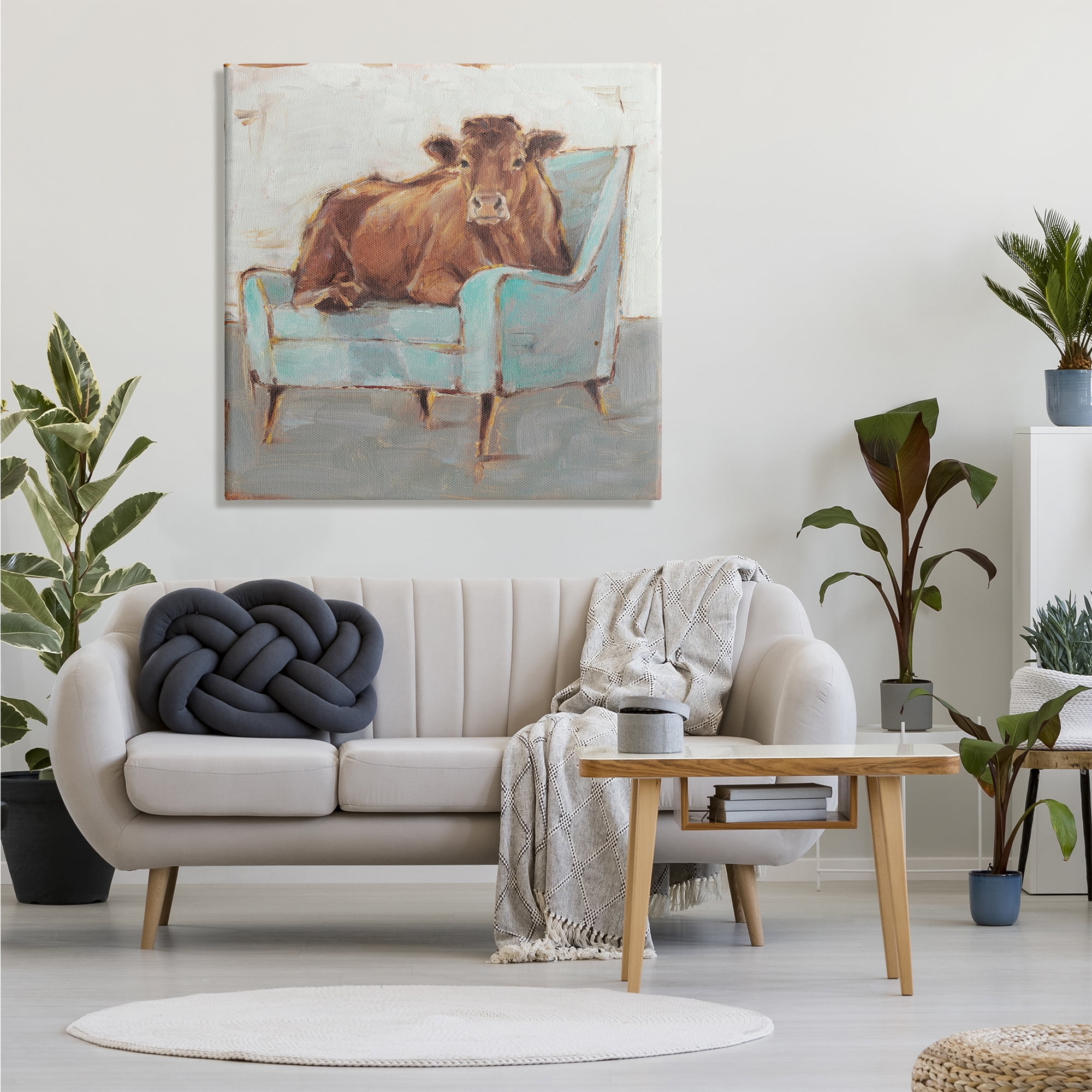 Stupell Industries Brown Bull on a Blue Couch Neutral Color Painting Animals & Insects Painting Gallery Wrapped Canvas Art Print Wall Art, 36 x 36