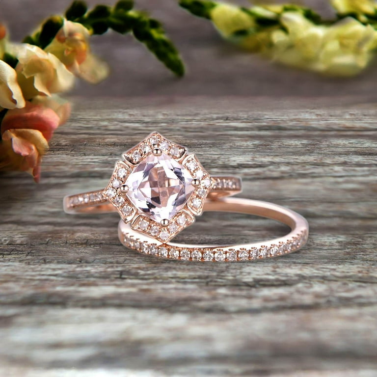 Vintage Cushion Garnet Engagement Ring Set Rose Gold Art Halo Diamond on sale Anniversary Ring Stack Wedding Ring Chevron Promise Ring Gift For Her