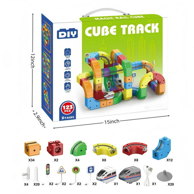 Track Fusion Train Set, Track Fusion 3D Train Routes with Mix-and-Match Cubes, 123/123/128pcs Click Rail Track Toy, Trackfusion Gravity-Defying 3D Embedded Layouts & Motorized Car(1set-123pcs)