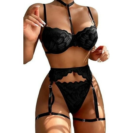 SkyAuks 3 Piece Strappy Sexy Choker Lingerie for Women  High Waisted Belt  G String  Bra and Panty Set Push Up Exotic Sleepwear  Black S