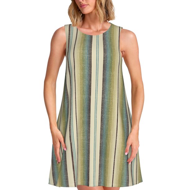 Fotbe Colourful stripes Vestido de Verano sin Mangas para Mujer – Vestido Midi Línea A, Estilo Camiseta Floral, Vestido Playero Casual y Fluido