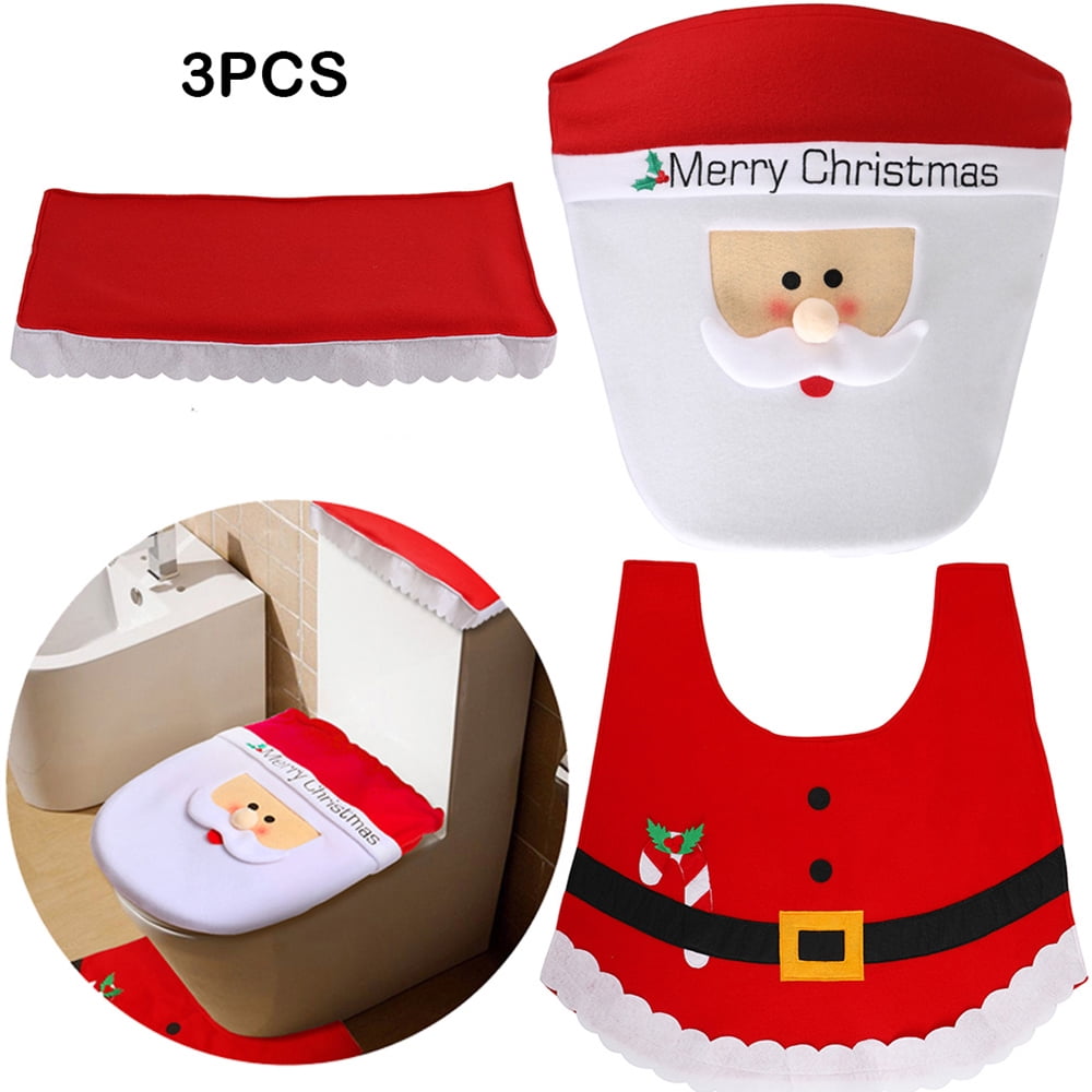 Xmas Bath Mat Tank Cover Toilet Rug Soft Floor Rug Non Slip Water