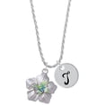 thumbnail image 1 of Delight Jewelry Silvertone Lime Green & Hot Blue Butterfly on Large Flower Silvertone Script Initial Disc - T - Charm Necklace, 20"+3", 1 of 4