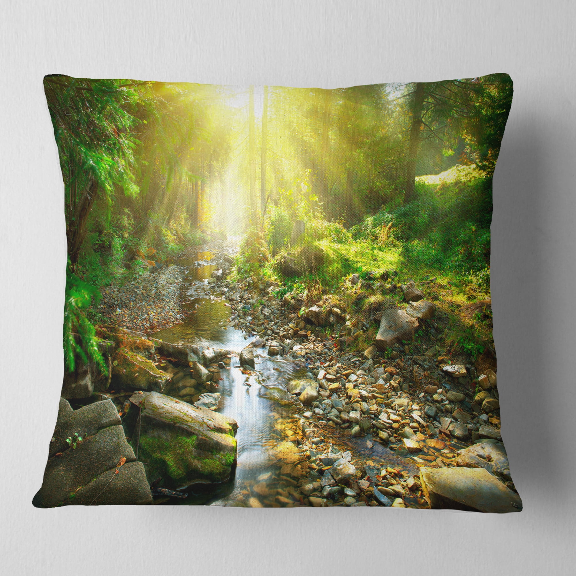 Designart Mountain Stream in Forest - Landscape Photography Throw Pillow - 16x16
