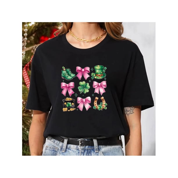 Women's St. Patrick's Day Festive T-Shirt - White Crew Neck with Pink Shamrocks, Leopard Print & Green Clover Graphics, Short Sleeve Casual Top for Spring & Summer