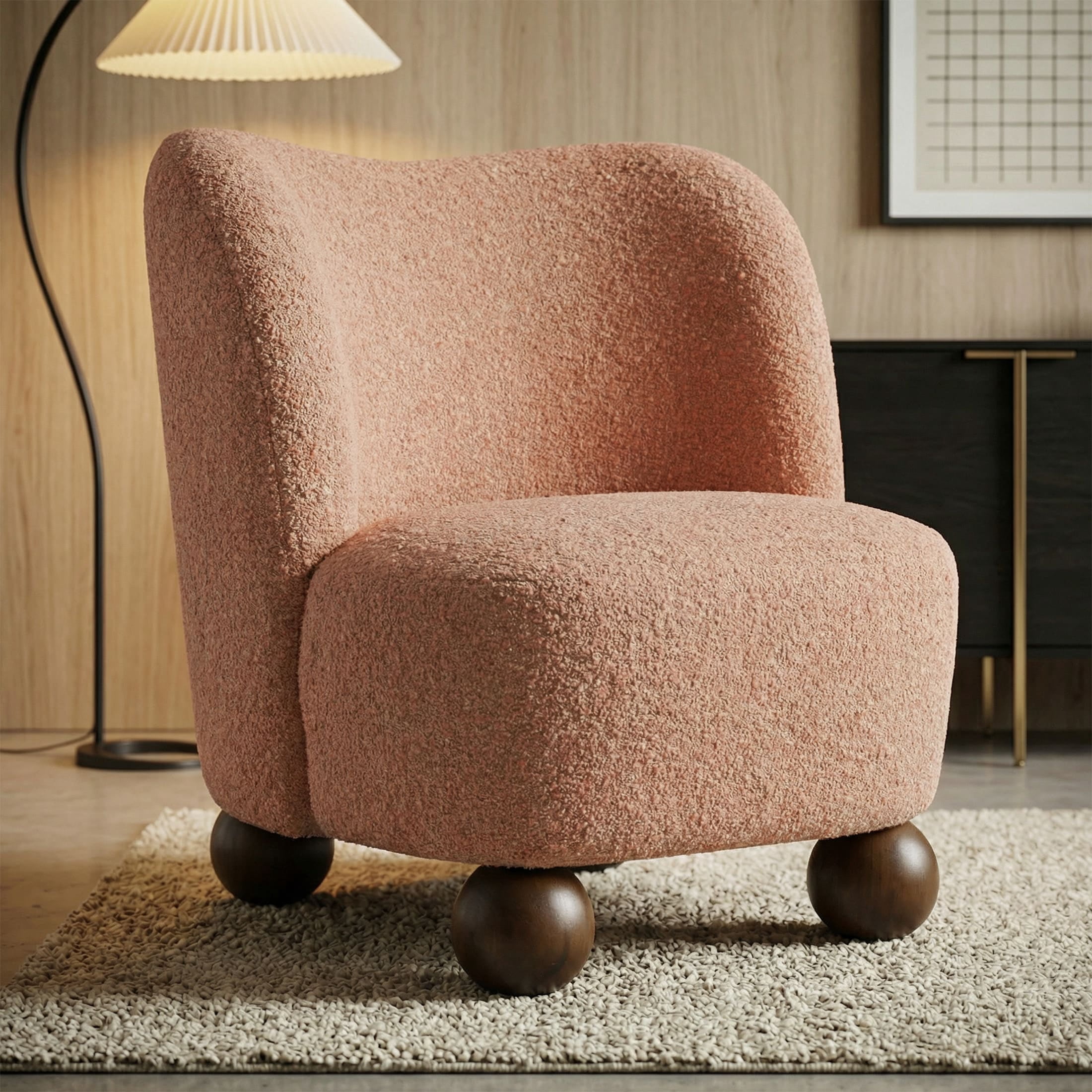 Aenkyo Contemporary Boucle Armless Accent Chair with Sculptural Wood Ball Feet, Pink