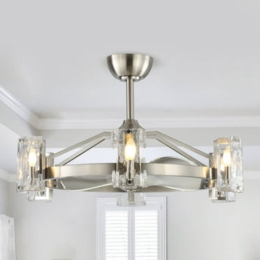 Modern Silver 6-Light 3-Blades Glass Shade Chandelier Ceiling Fan with Light and Remote - 34-in W x 31.6-in H