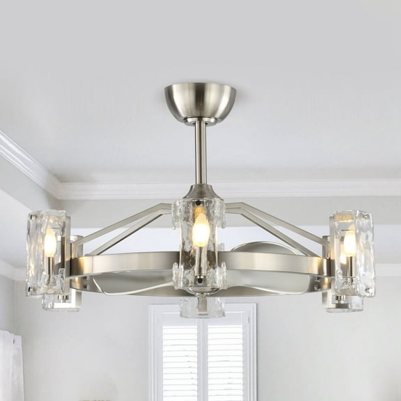 Modern Silver 6-Light 3-Blades Glass Shade Chandelier Ceiling Fan with Light and Remote - 34-in W x 31.6-in H