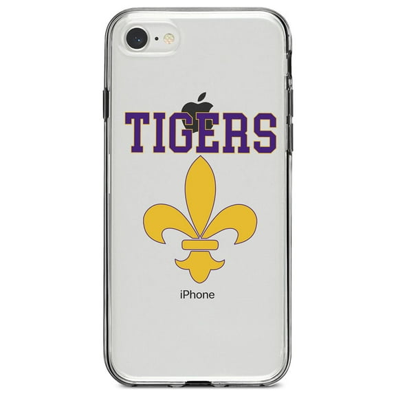 DistinctInk Clear Shockproof Hybrid Case for iPhone 7 8 SE (2020 Model) 4.7" Screen TPU Bumper Acrylic Back Tempered Glass Screen Protector - Tigers Football / Fleur de Lis - Purple, Gold