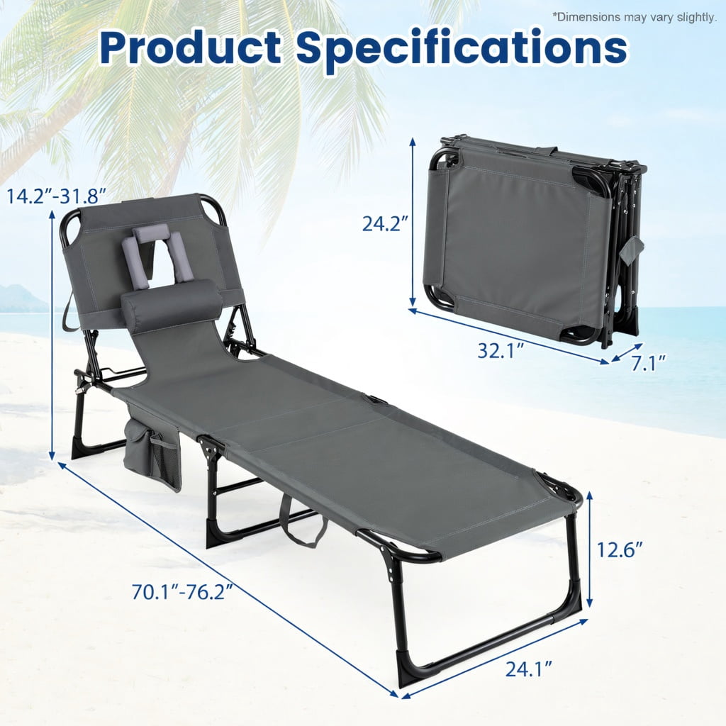 Hommoo Premium Foldable Beach Lounge Chair with Removable Pillow, Adjustable Reclining Outdoor Lounger for Beach, Pool & Patio, Gray
