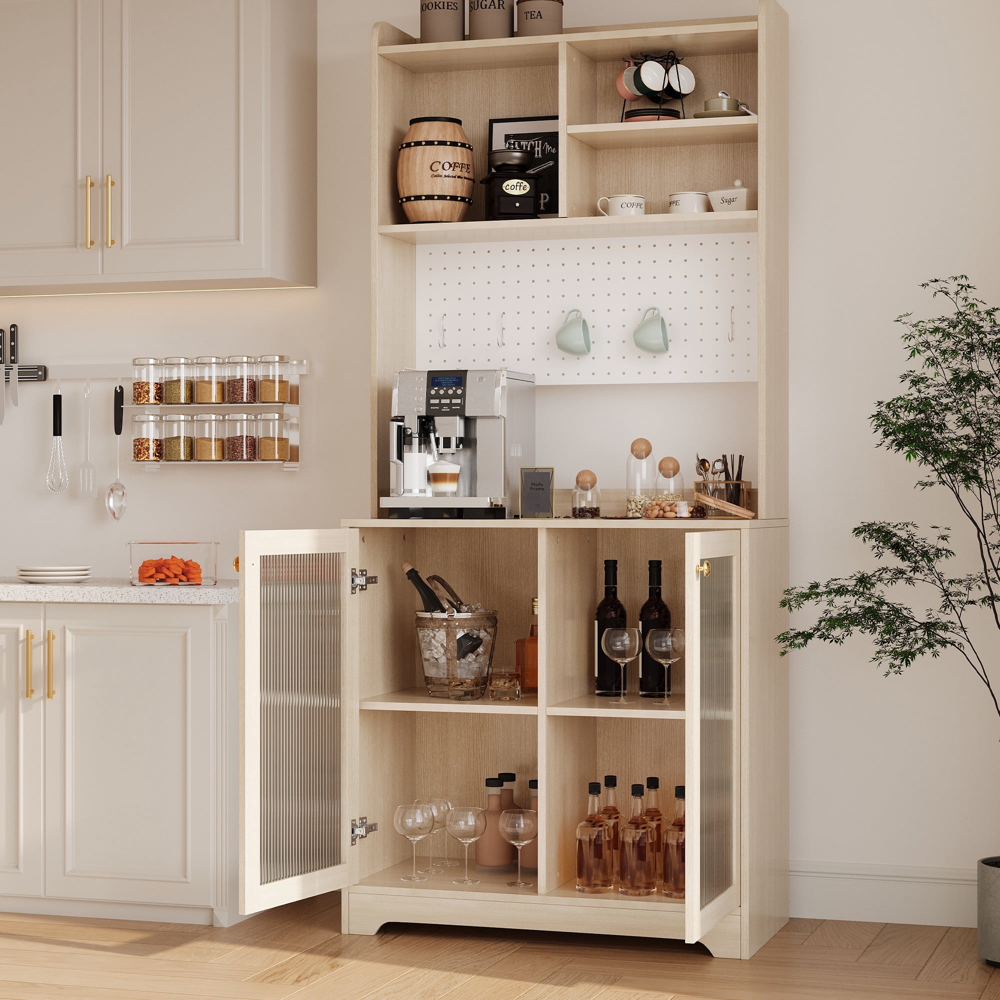AOILE Tall Pantry Cabinet with Glass Doors & Shelves, Freestanding Kitchen Storage Organizer for Dining or Living Room