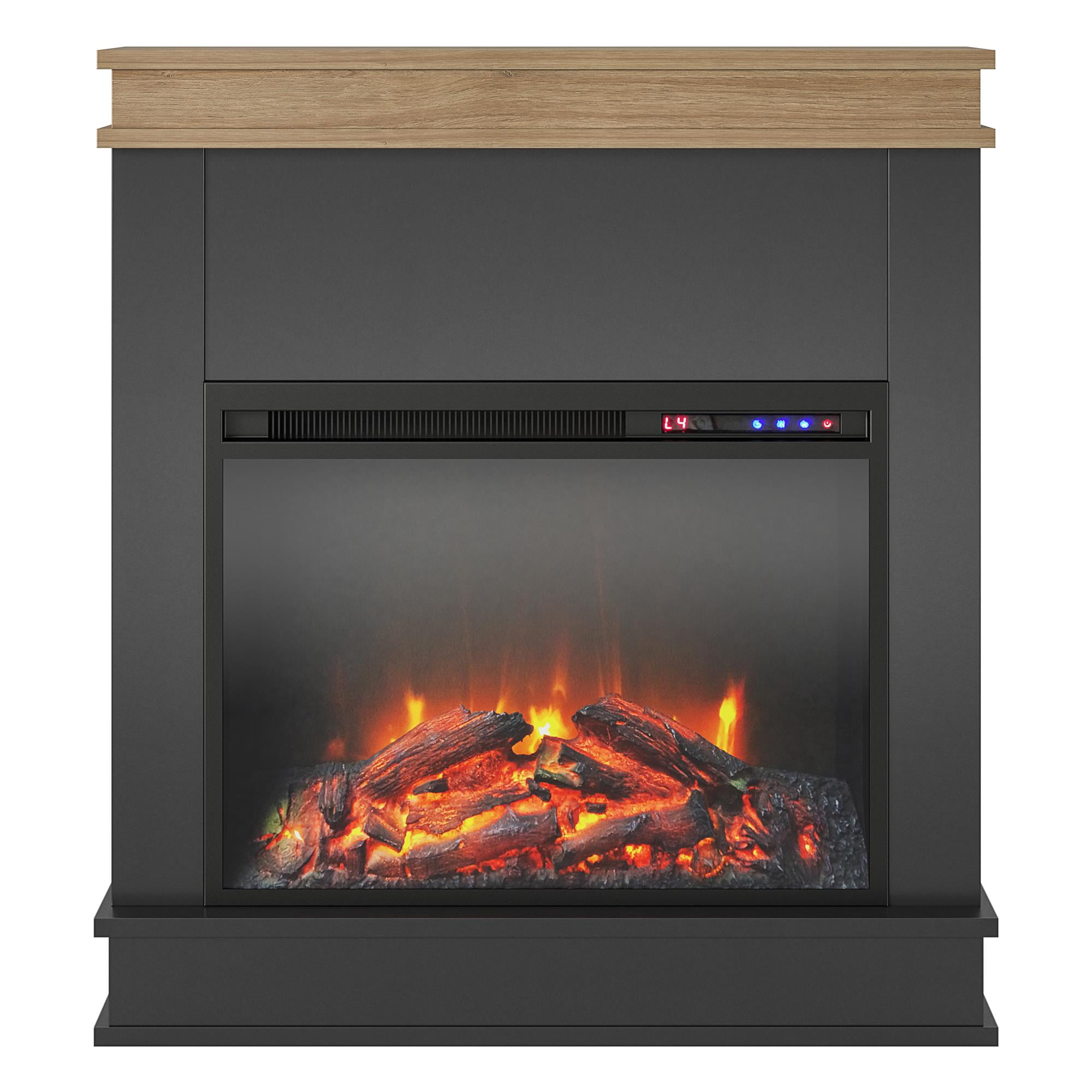 Ameriwood Home Mabrick Electric Fireplace with Mantel and Touchscreen Display, Black with Natural Mantel