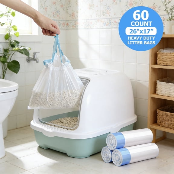 60-Count Heavy-Duty Drawstring Cat Litter Liners (17"×26") | Leak-Proof Bags for Self-Cleaning & Automatic Litter Boxes