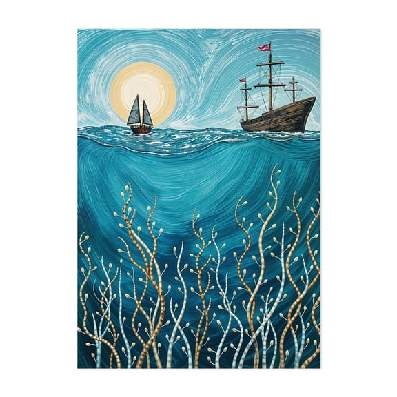 Sailing into the Deep - Painting Ocean Boat Waves Surrealism Vintage Fantasy Unframed Wall Art Print 5 x 7 inches