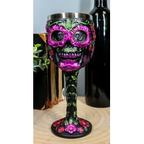Ebros Gothic Black Red Pink Green Day of The Dead Sugar Skull Wine Goblet 7oz