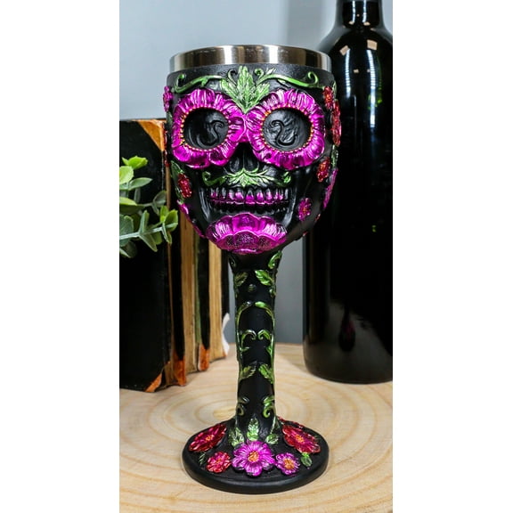 Ebros Gothic Black Red Pink Green Day of The Dead Sugar Skull Wine Goblet 7oz