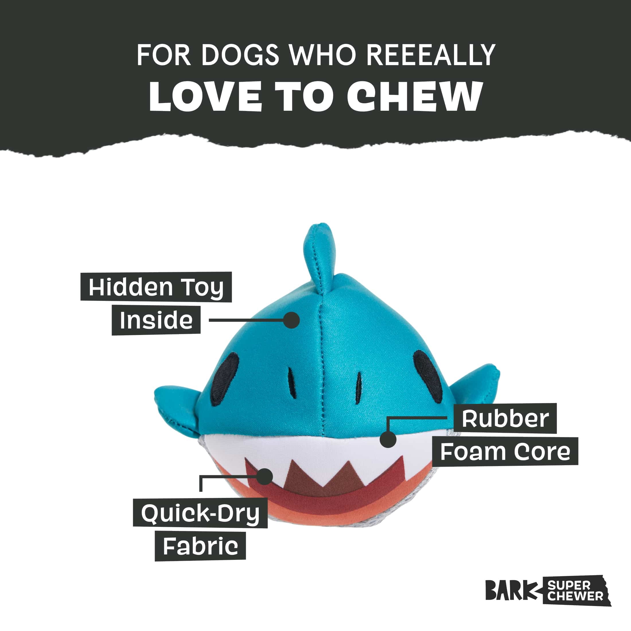 BARK Great White Dewight Durable Dog Toy for Active Pups