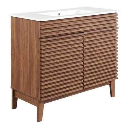 Maklaine 36" Modern Wood and Ceramic Bathroom Vanity in Walnut/White