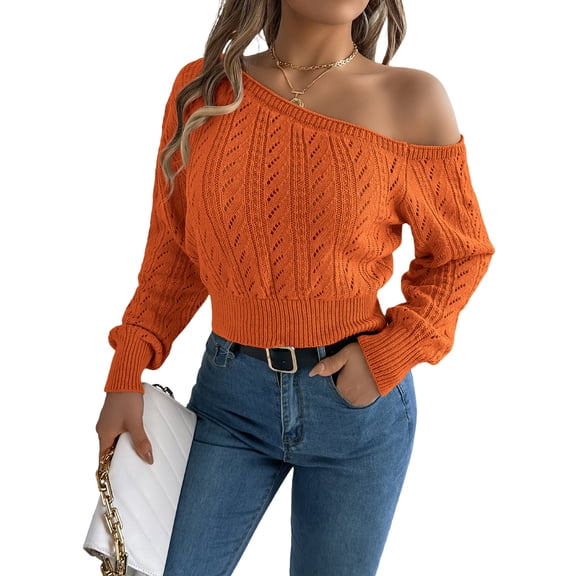 Women's Off The Shoulder Sweater 2026 Fall Ribbed Knit Pullover, M