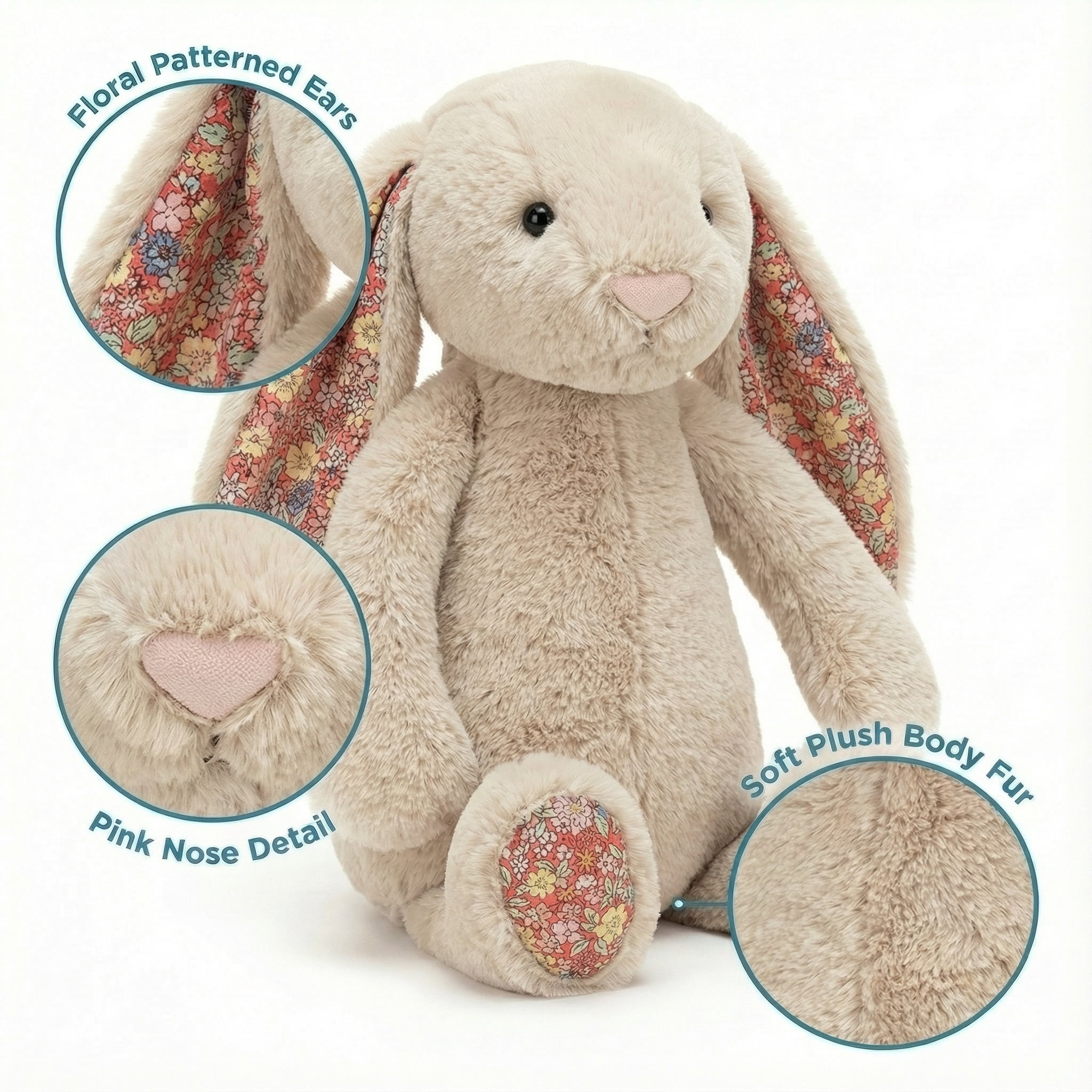 Aximioll 9.8" Shell Blush Pink Easter Bunny Plush Toy with Flower Pattern Ears - Floral Rabbit Stuffed Animal Doll - Soft Blush Pink Plushie for Baby Girl Shower Gift & Cottagecore Spring Decor