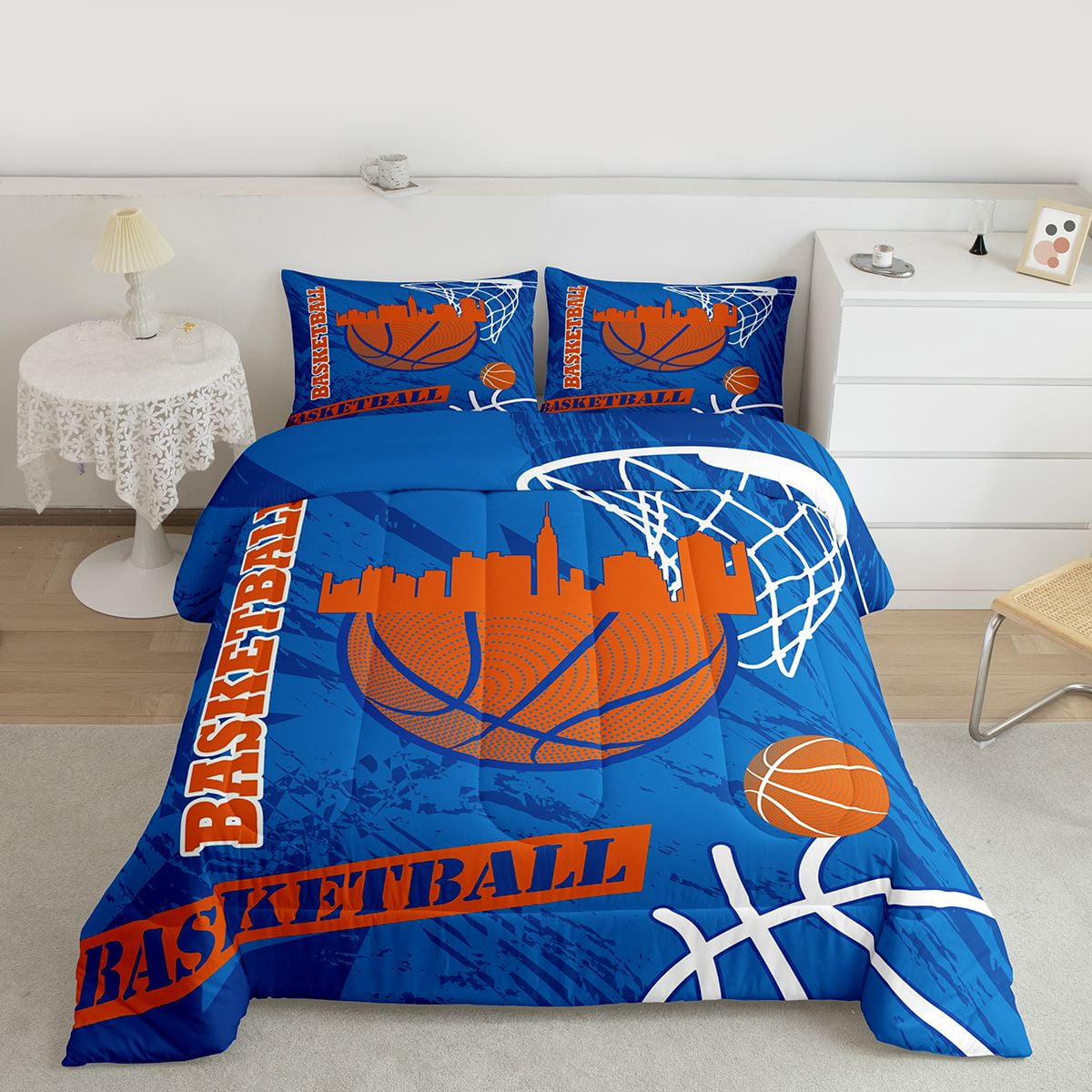 Feelyou Eat Basketball Sleep Bedding Comforter Set for Boys, Blue Orange Twin Comforter Sets, Modern Sports Theme Reversible Bedding Set, Super Cozy Room Decor, 2-Piece