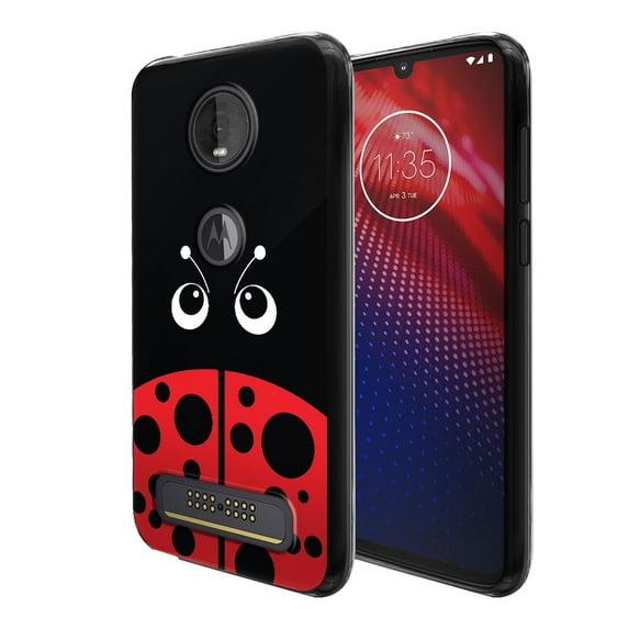 FINCIBO Soft TPU Black Case Slim Cover for Motorola Moto Z4 6.4", Red Ladybug