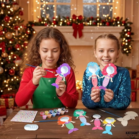 KatchOn, Mermaid Mirror Craft Kit for Kids - 40 Piece Complete Set | Valentine Gifts for Kids DIY Paint Wooden Hand Mirror for Girls | Birthday Party Favors, Valentine Party Favors for Kids
