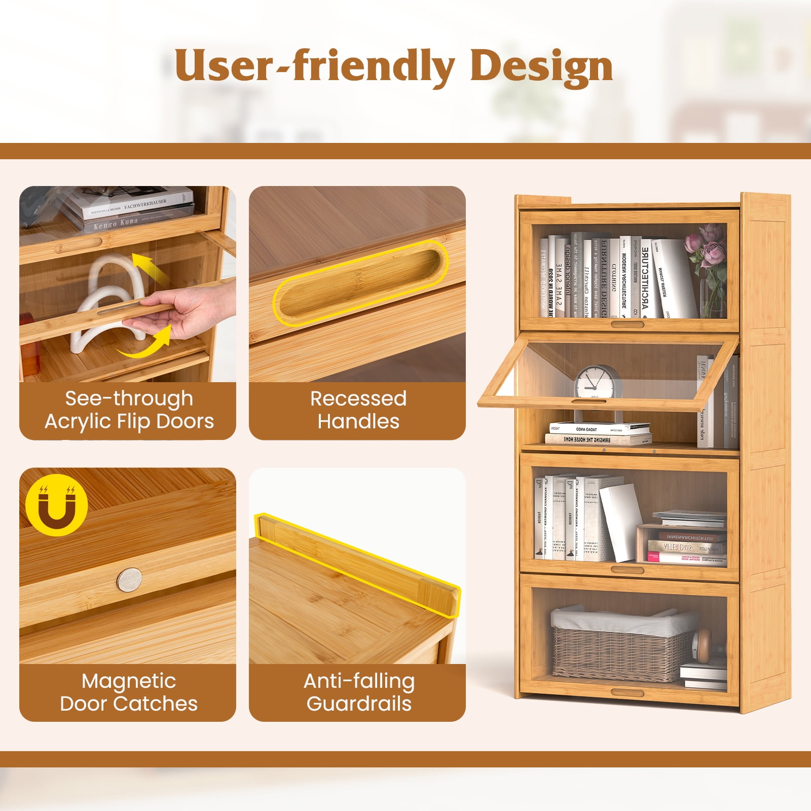 Gymax 4-Tier Bamboo Bookshelf w/Doors See-through Acrylic Doors Freestanding Bookcase Natural