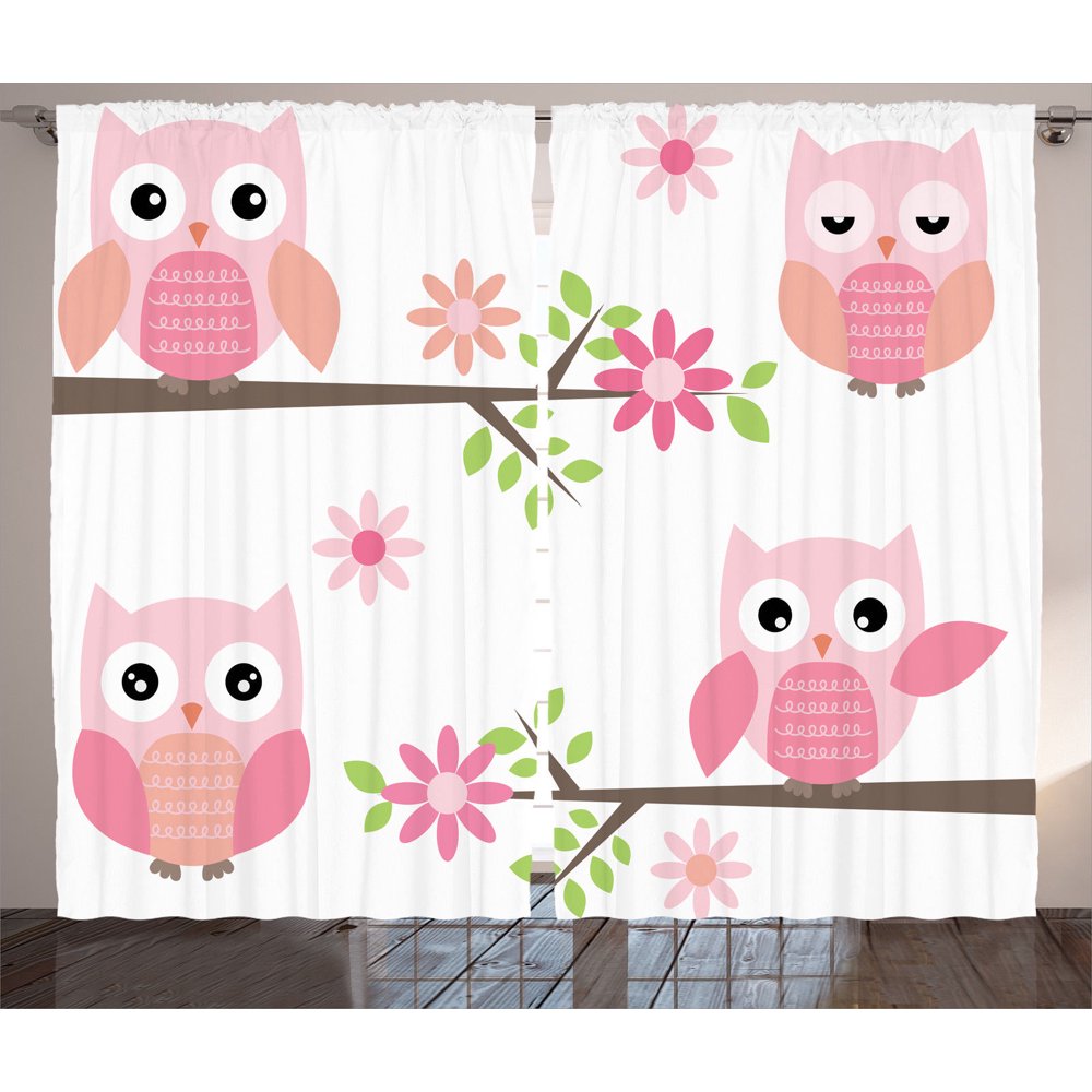 Owls Home Decor Curtains 2 Panels Set, Cute Baby Owls Waving In The
