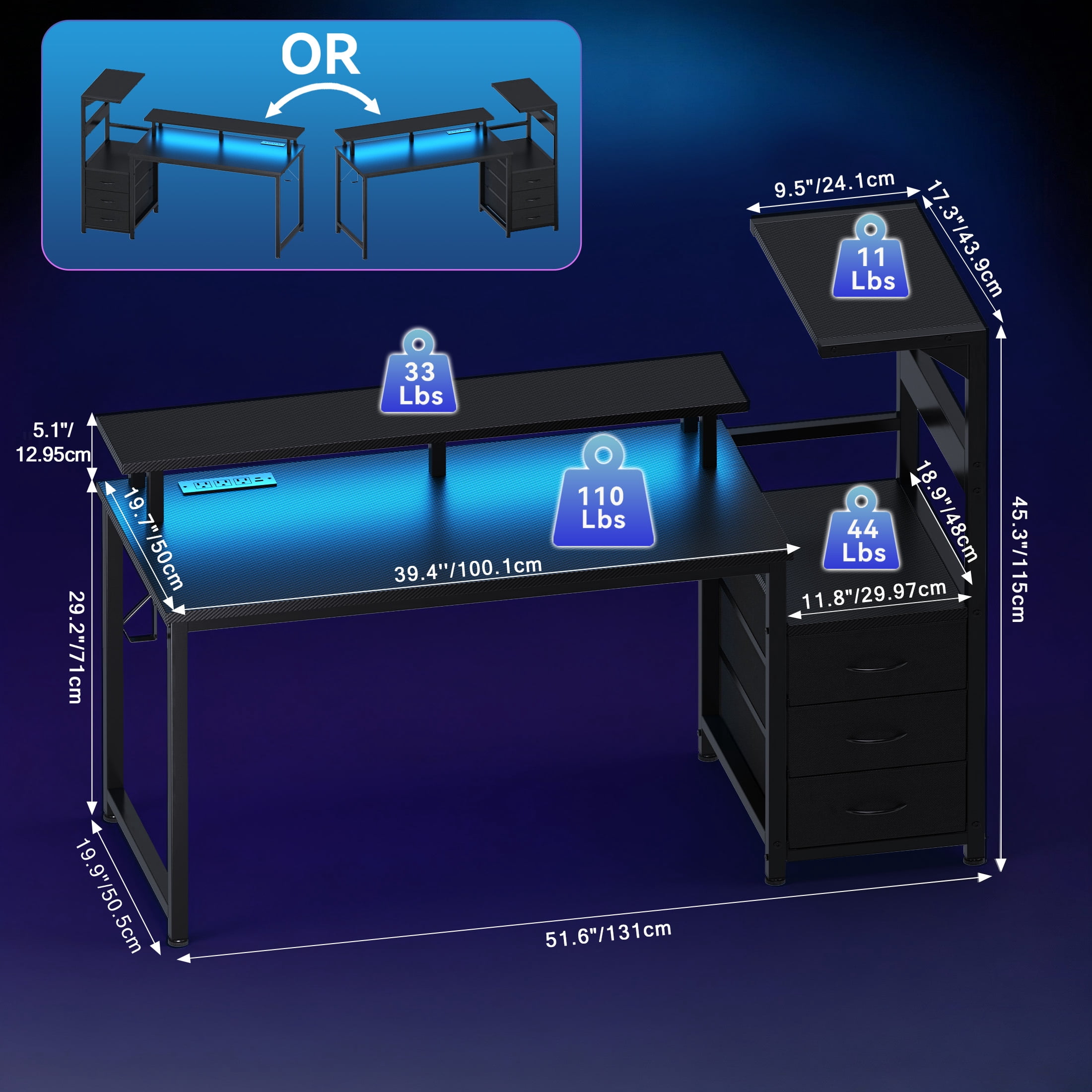 edx 52" Gaming Desk, USB Ports & LED Lights, Reversible Table with Monitor Stand for Home Office, Carbon Fiber Black