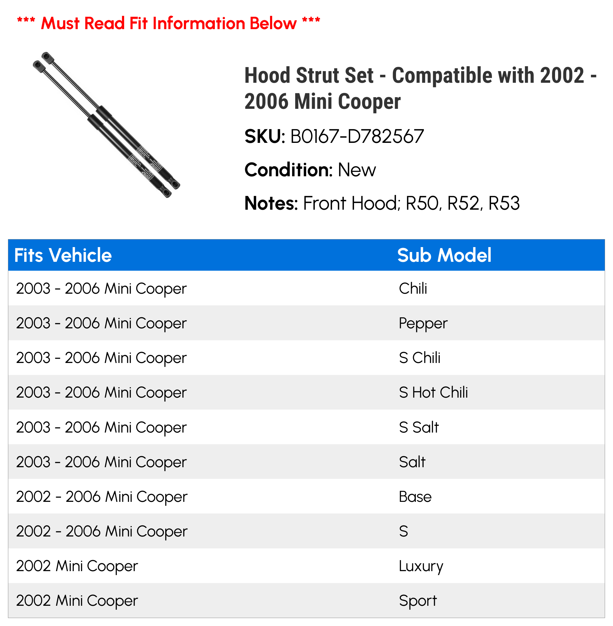 Hood Strut Set - Compatible with 2002 - 2006 Mini Cooper - Autopart Premium