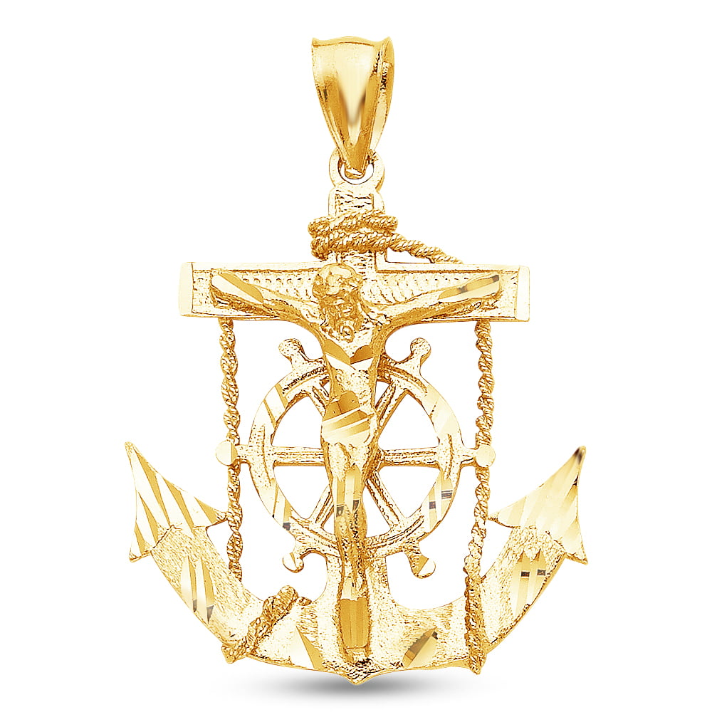 14K Yellow Gold Diamond-Cut Ornate Religious Mariner Anchor Catholic ...