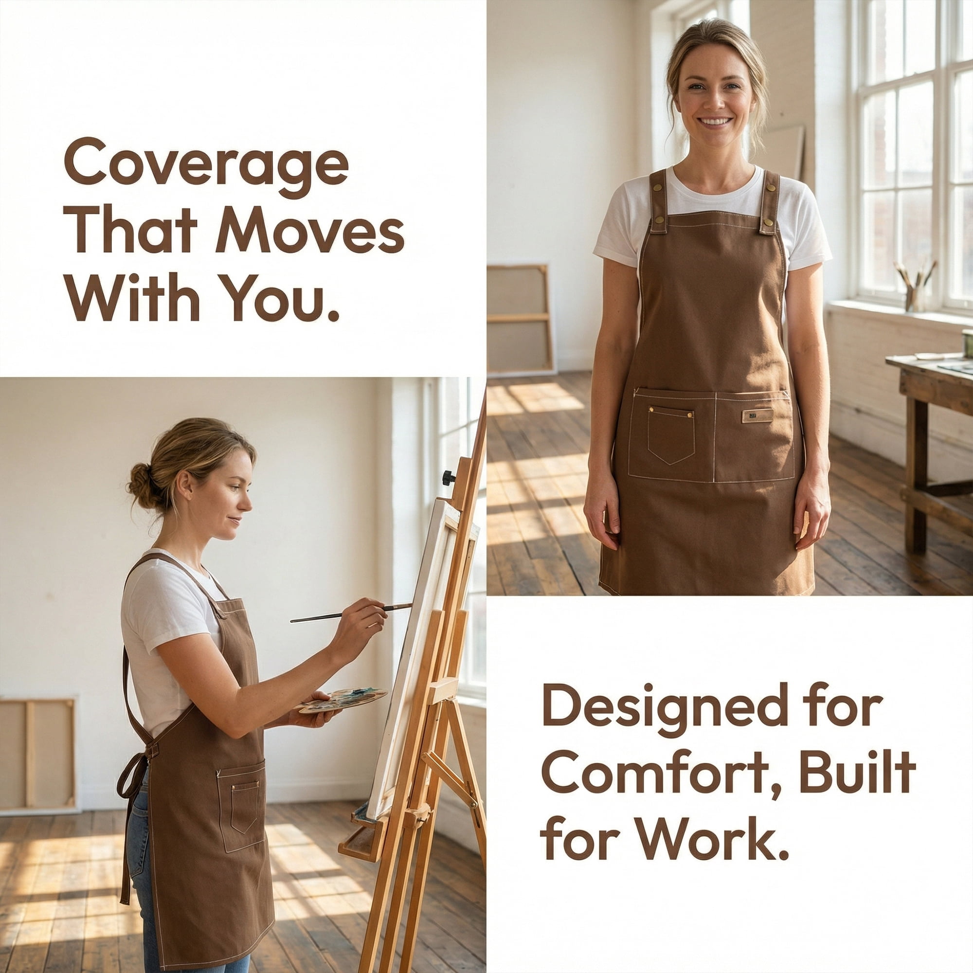 Unique Bargains Durable Cotton Kitchen Apron with Pockets for Cooking 28.4x26in Brown