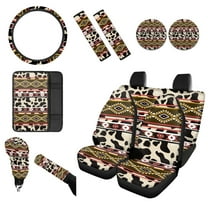 Renewold American Tribal Cow Print Red Beige 12 PCS Car Seat Covers Set for Women, Soft Steering Wheel Cover Seat Belt Pads Armrest Pad Handbrake Cover Gear Shift Cover Coasters Car Decor