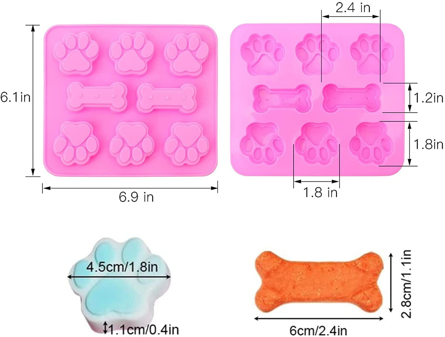 Reizbrto 2 Pack Food Grade Silicone Molds Paw and Bone Mold Frozen Dog Treat Molds for Baking Ice Cubes Candy Dog Treats