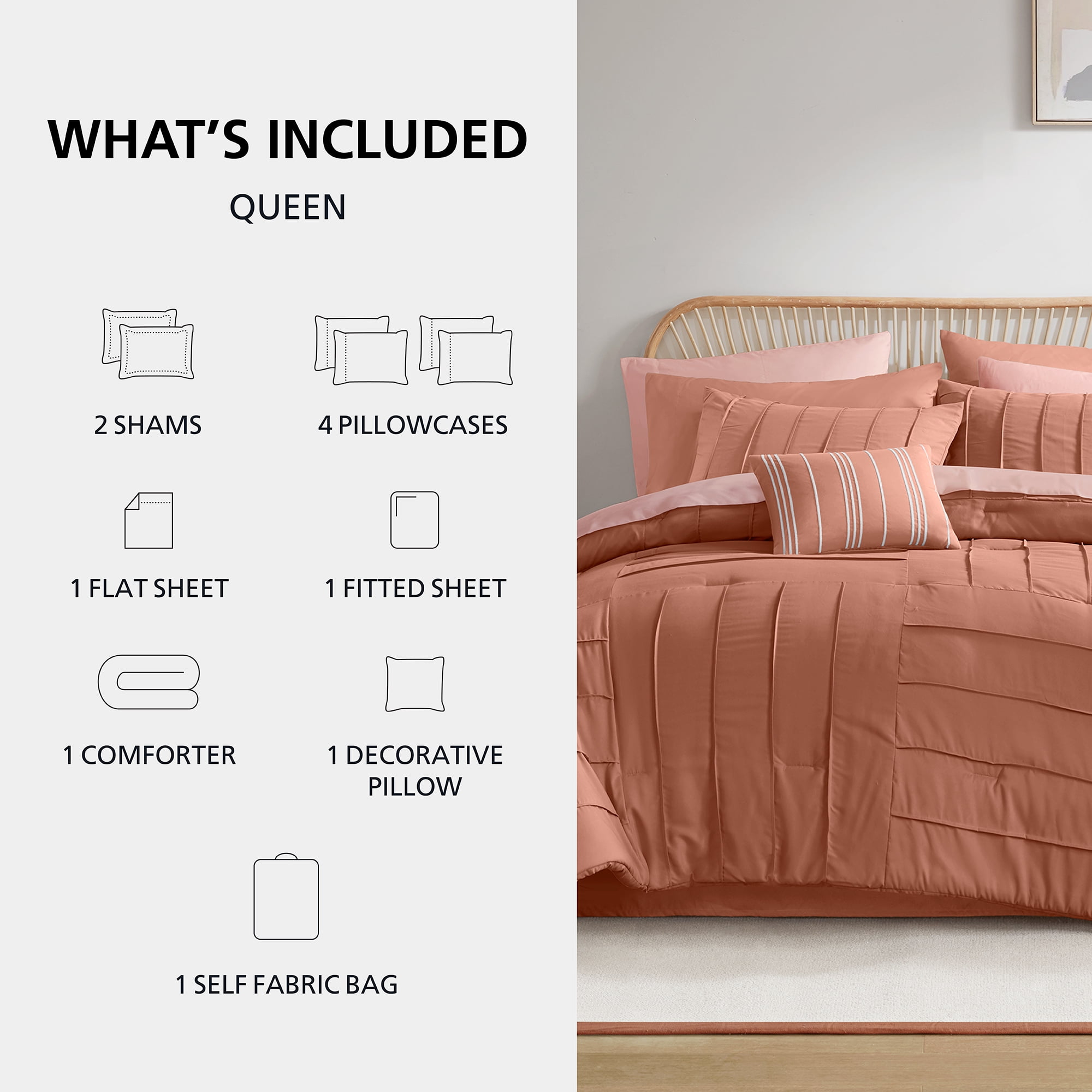 Mainstays All in One Reversible Comforter and Sheet set- 11 Piece, Queen, Terracotta Texture
