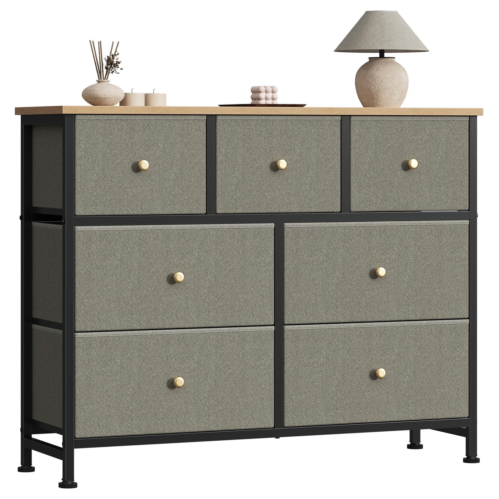 Telyra 7-Drawer Fabric Dresser TV Stand Organizer with Wood Top and Metal Frame Wide Storage Chest, Greyish Green