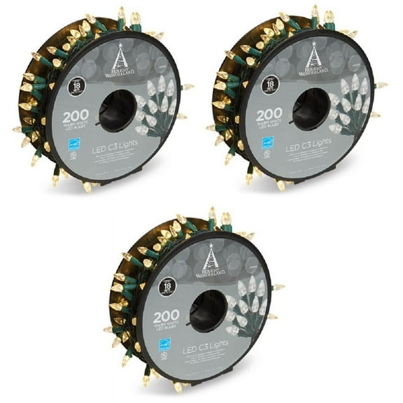 Holiday Wonderland 47700-88A 200 Count Spool Of Warm White C3 LED Christmas Lights - Quantity of 3