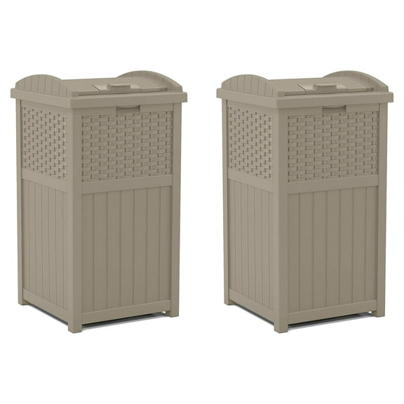 Suncast Wicker Plastic Hideaway Trash Can w/Lid, Dark Taupe (2 Pack)