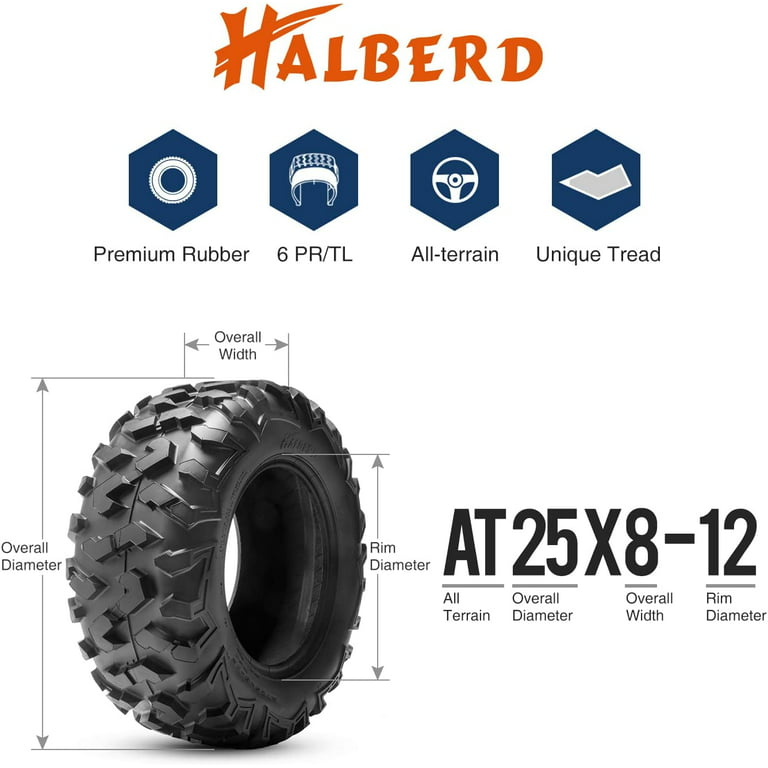 HALBERD 25x8-12 & 25x11-10 ATV Tires 6PR 25x8x12 Front 25x11x10 Rear All  Terrain UTV Off-Road Tires (SET OF 4) 