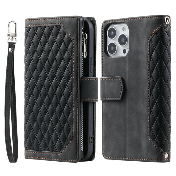 Compatible with iPhone 14 Pro Max Case Wallet Zipper Leather Case with Card Holder Slots Protective Cover Crossbody & Lanyard Case Compatible with iPhone 14 Pro Max 6.7 inch,Black