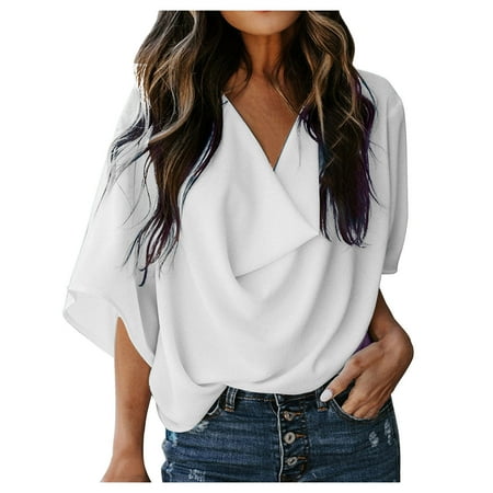 

White Blouse for Women Maternity Blouses Women s Casual Draped V-neck Flared Sleeve Loose Shirt Tops Short Sleeve Shirts for Women White L