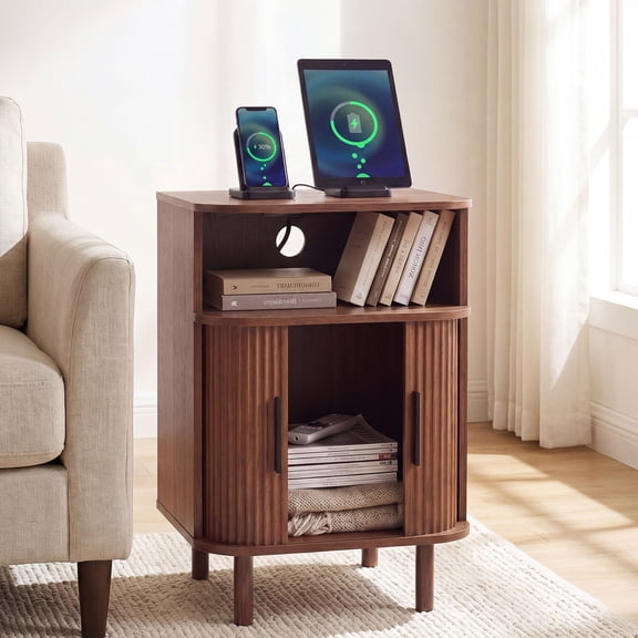 Farmhouse Nightstand with Built-in Charging Station Storage End Table Bedside Table Sliding Door for Bedroom Living Room, Walnut