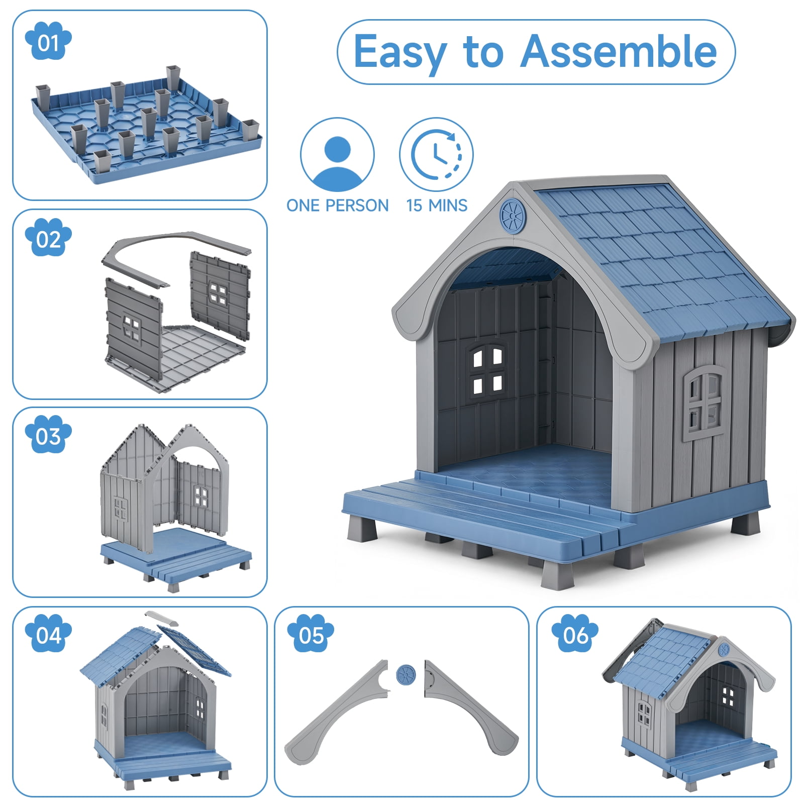 Dovov Plastic Dog House with Elevated Floor and Air Vents, Waterproof Doghouse Indoor Outdoor Dog Kennel with Porch, Large Puppy Shelter, Blue Gray