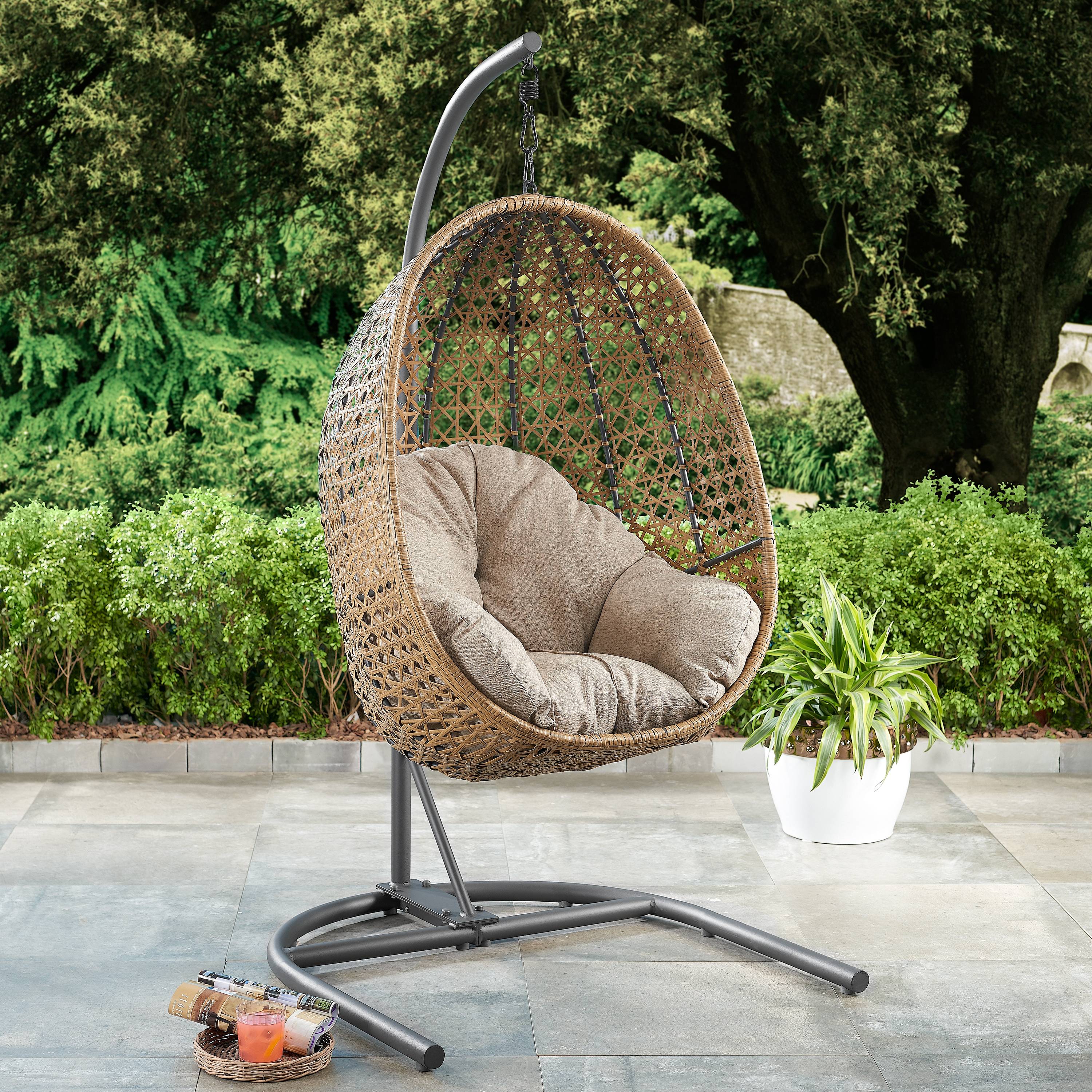 Better Homes & Gardens Outdoor Lantis Patio Hanging Egg Chair with Stand - Tan Wicker, Beige Cushion - image 4 of 5