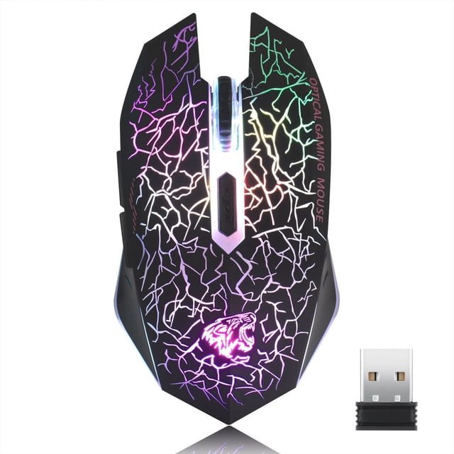 CHOK Wireless Gaming Mouse 2.4G Optical Rechargeable Silent Mice Colorful LED Portable with USB Receiver Black