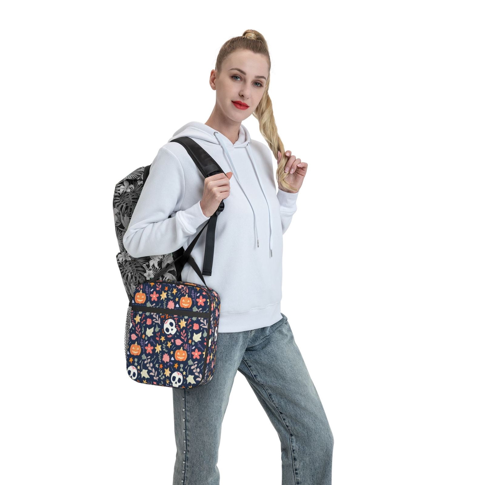 Lunch Bag For Women Men Insulated Portable Lunch Box Bento Box Office Picnic Travel Cooler Bag Skullhead Pumpkin Flower